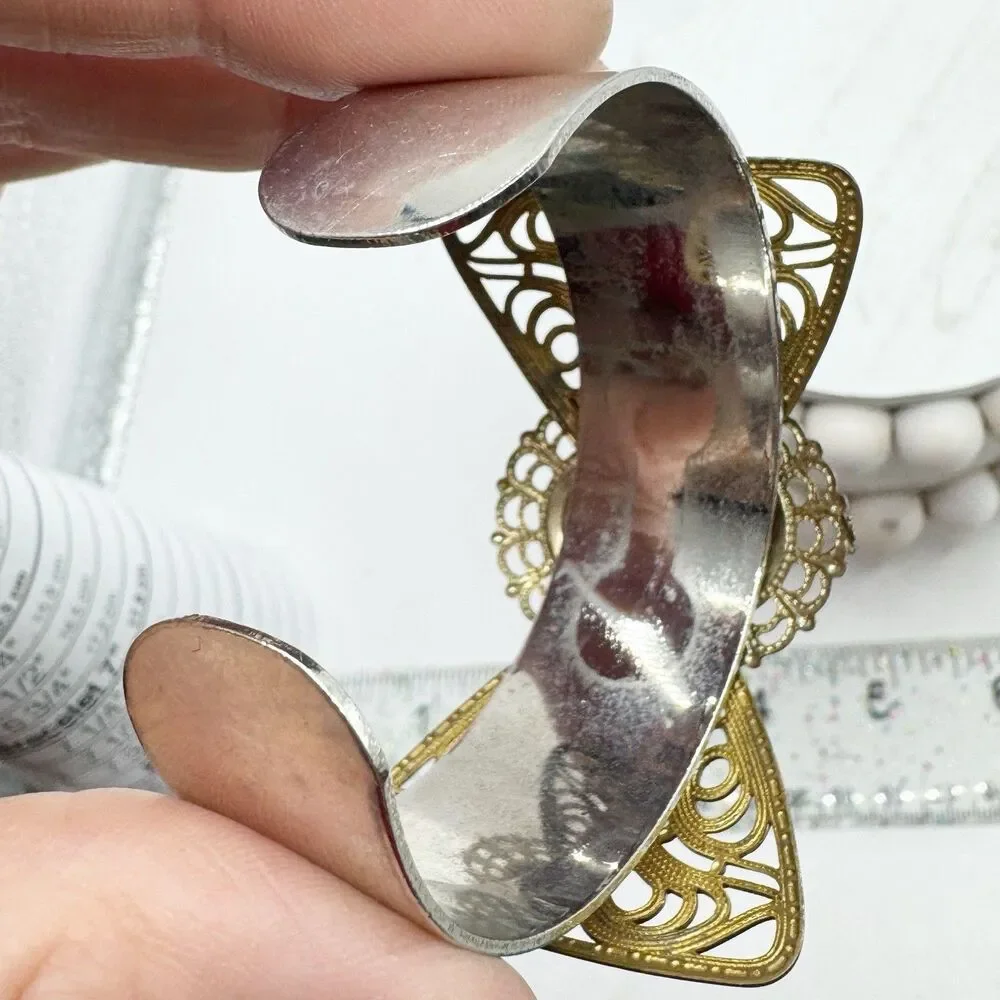 Filigree Bow Cuff Bracelet With Agate Geode Cabachon Center Bohemian Boho